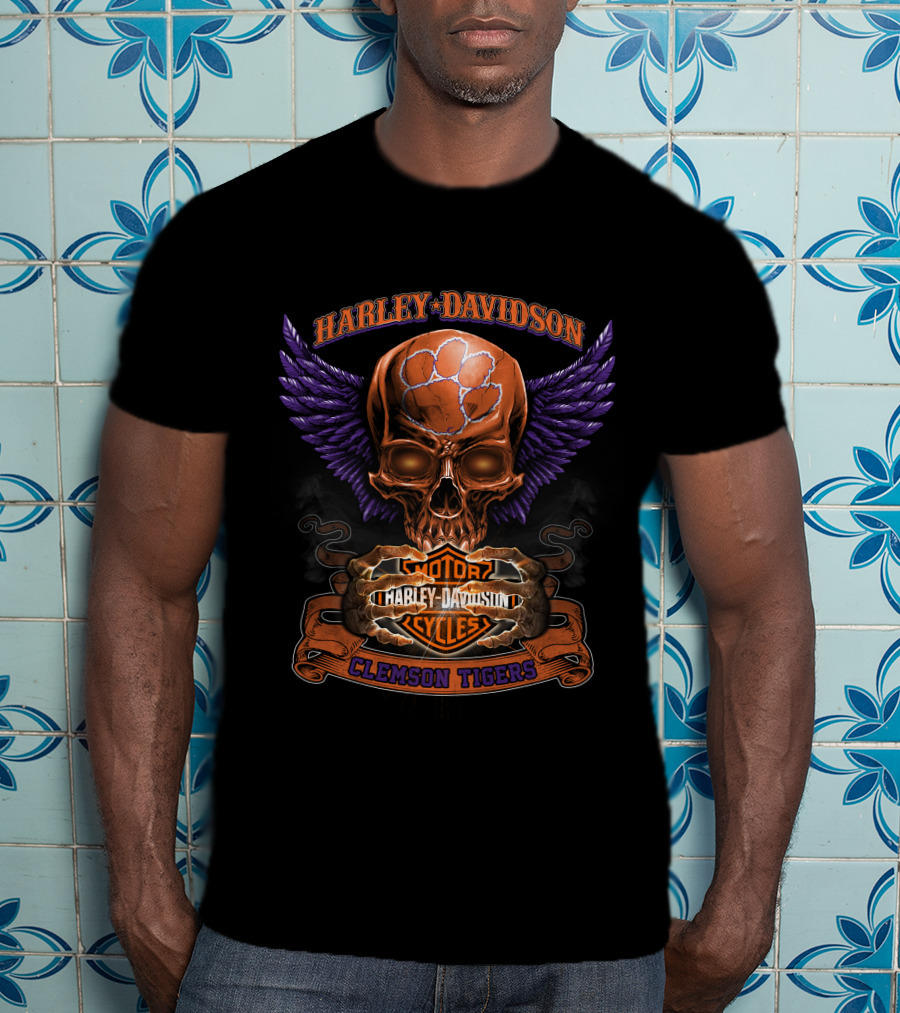 Harley Davidson Clemson Tigers Motorcycles Skull Wings T-Shirt