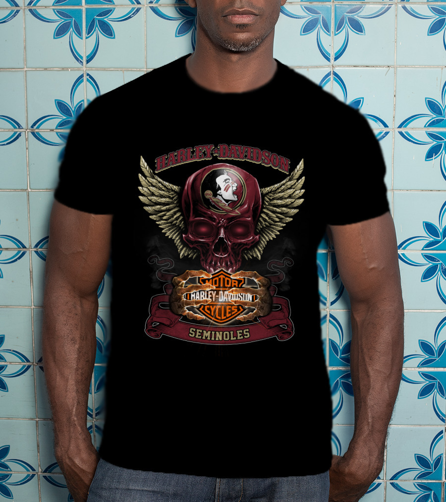 Harley Davidson Seminoles Skull With Florida State Motor Cycles Wings T-Shirt