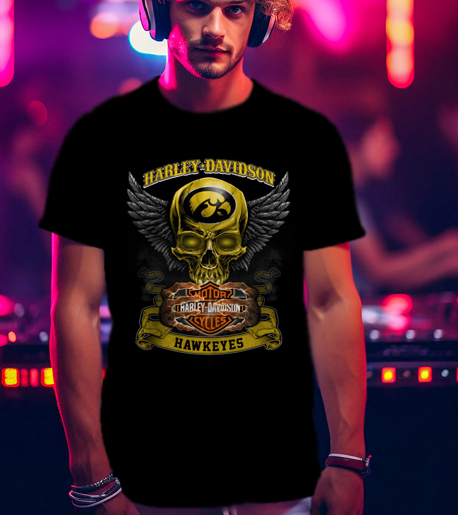 Harley Davidson Iowa Hawkeyes Skull Wings Motor Cycles T-Shirt