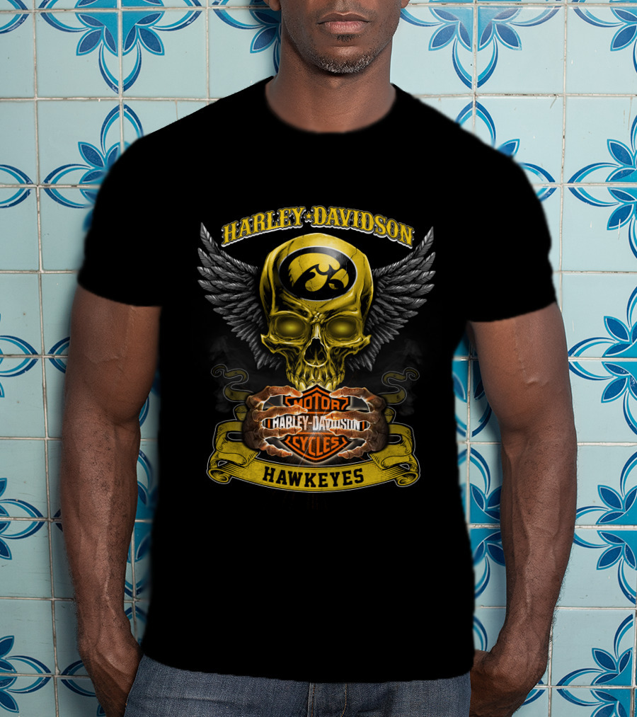 Harley Davidson Iowa Hawkeyes Skull Wings Motor Cycles T-Shirt