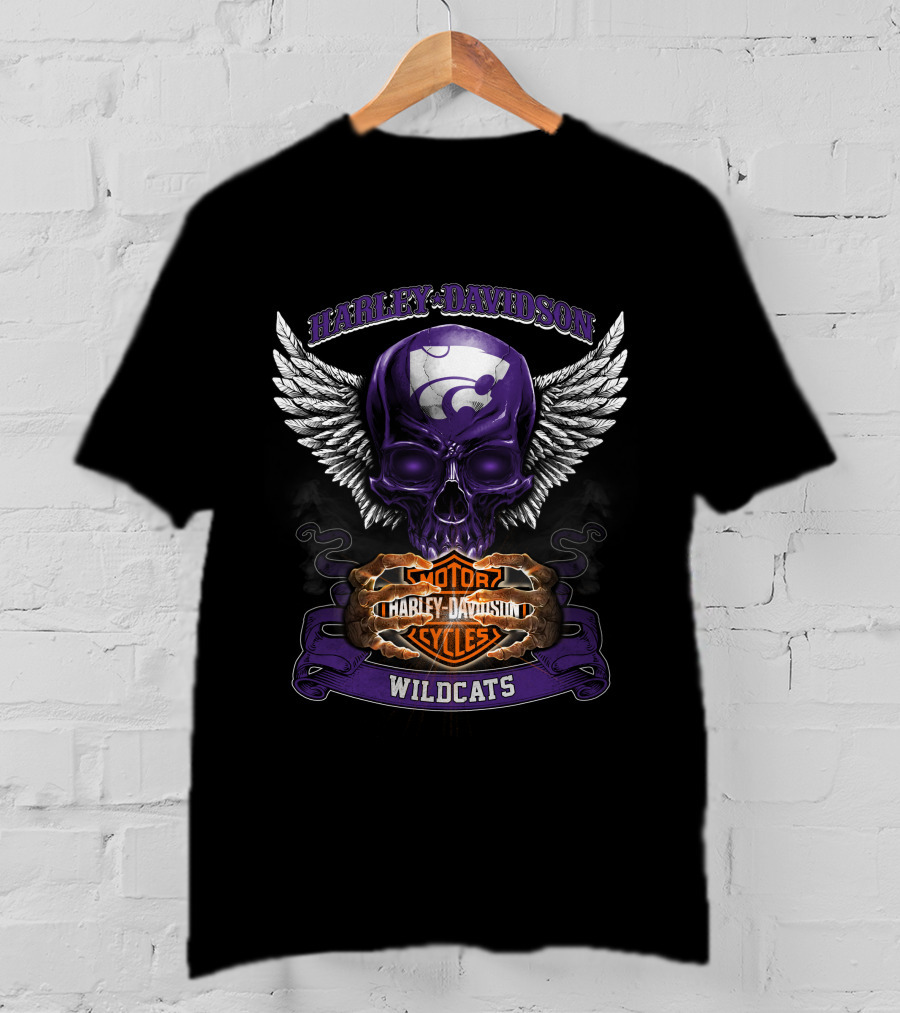 Harley Davidson Kansas State Wildcats Motorcycles Winged Skull T-Shirt