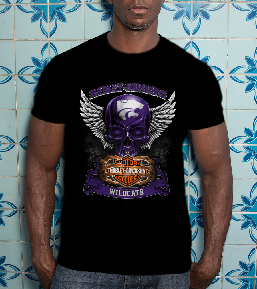 Harley Davidson Kansas State Wildcats Motorcycles Winged Skull T-Shirt