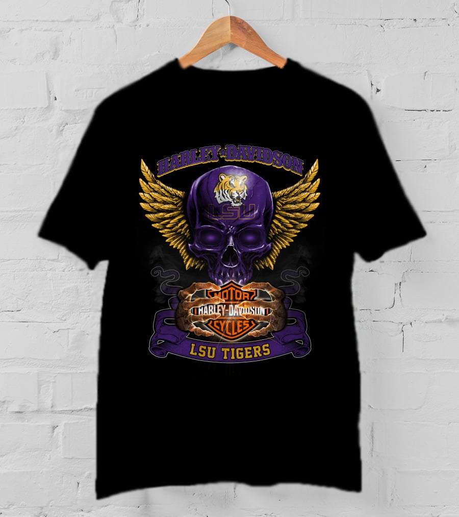 Harley Davidson Lsu Tigers Motorcycles Skull Wings T-Shirt