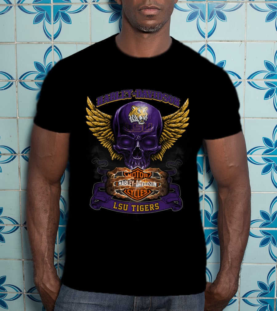 Harley Davidson Lsu Tigers Motorcycles Skull Wings T-Shirt