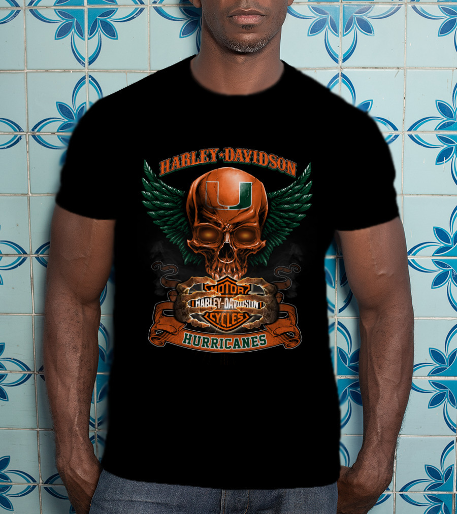 Harley Davidson Miami Hurricanes Skull With Wings Motorcycles T-Shirt