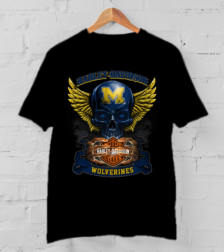 Harley Davidson Motorcycles Wolverines Michigan M Skull Wings T-Shirt