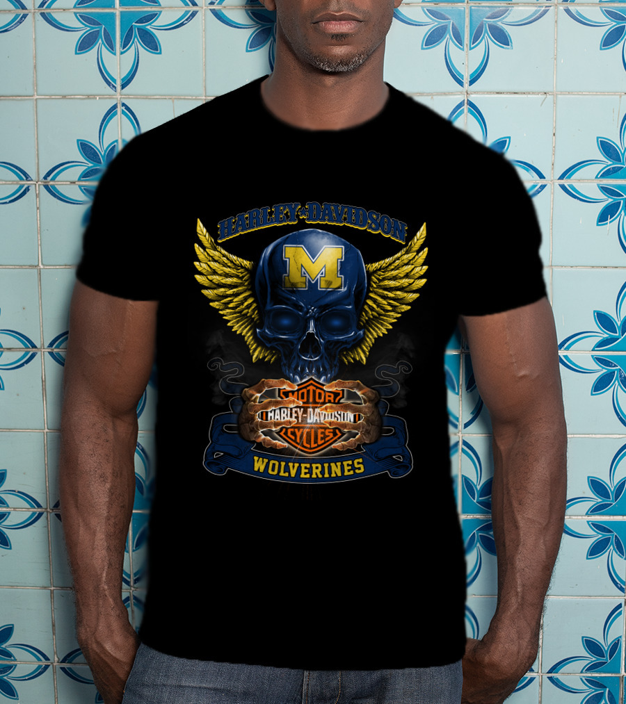 Harley Davidson Motorcycles Wolverines Michigan M Skull Wings T-Shirt