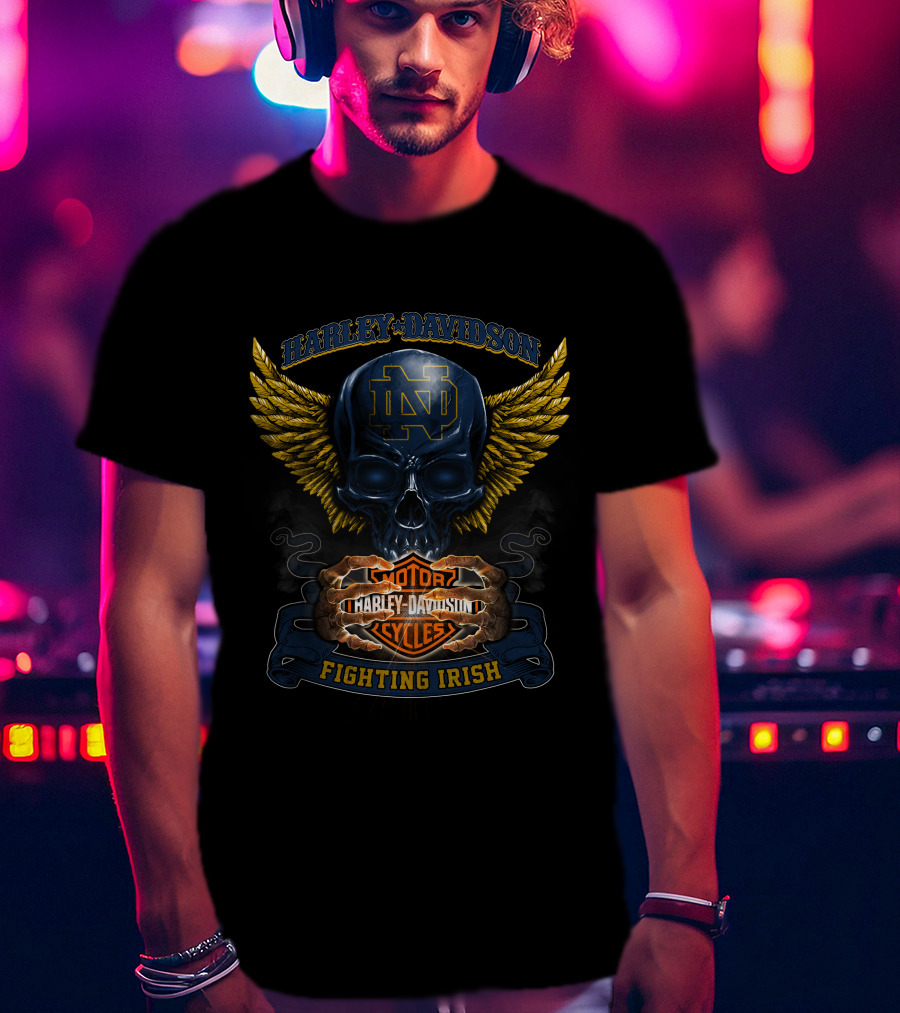 Harley Davidson Notre Dame Nd Motor Cycles Fighting Irish Skull Wings T-Shirt