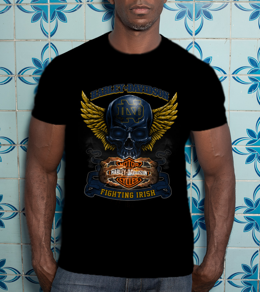 Harley Davidson Notre Dame Nd Motor Cycles Fighting Irish Skull Wings T-Shirt