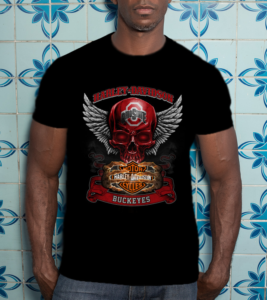 Harley Davidson Ohio State Buckeyes Skull Winged Motorcycles T-Shirt