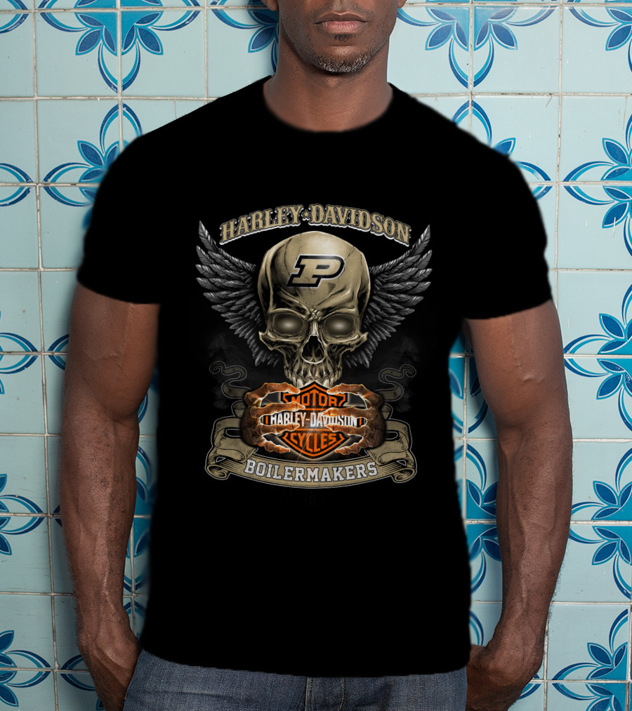 Harley Davidson Purdue Boilermakers Motorcycles Logo Skull Wings T-Shirt