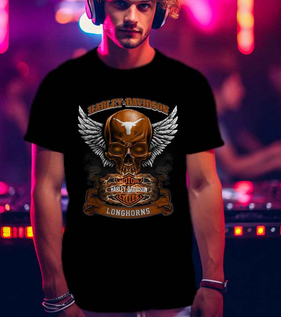 Harley Davidson Longhorns Texas Skull Wings Motorcycles T-Shirt
