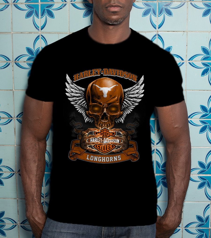 Harley Davidson Longhorns Texas Skull Wings Motorcycles T-Shirt