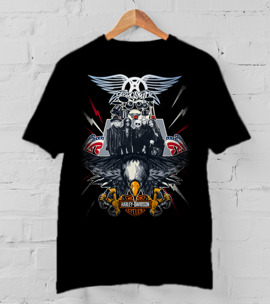 Aerosmith Harley Davidson Motor Cycles Eagle Lightning Band T-Shirt