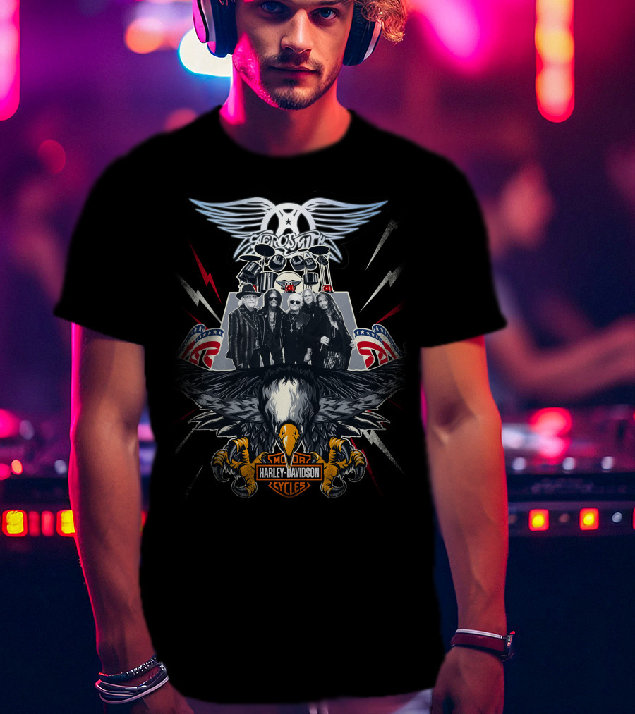 Aerosmith Harley Davidson Motor Cycles Eagle Lightning Band T-Shirt