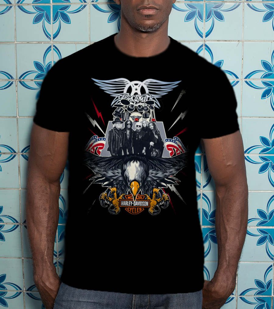 Aerosmith Harley Davidson Motor Cycles Eagle Lightning Band T-Shirt