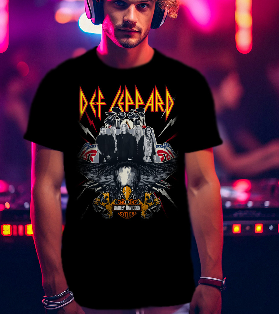 Def Leppard Harley Davidson Motor Cycles Eagle And Band T-Shirt