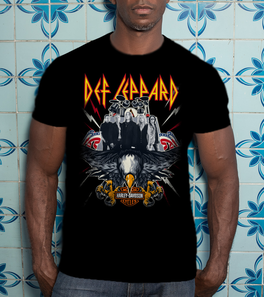 Def Leppard Harley Davidson Motor Cycles Eagle And Band T-Shirt