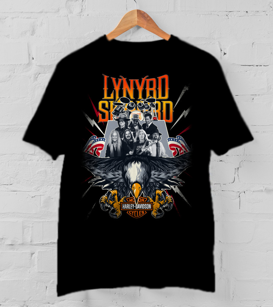 Lynyrd Skynyrd Harley Davidson Motor Cycles Eagle And Band Members With American Flags T-Shirt