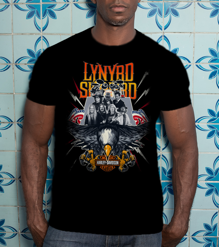 Lynyrd Skynyrd Harley Davidson Motor Cycles Eagle And Band Members With American Flags T-Shirt