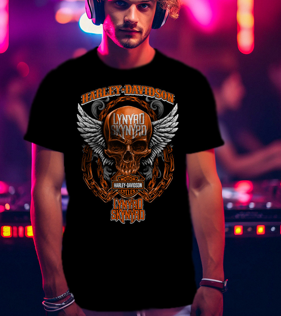 Harley Davidson Lynyrd Skynyrd Skull With Wings And Chains T-Shirt