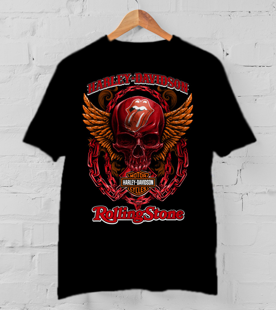 Harley Davidson Motor Cycles Rolling Stone Skull Logo Chains And Flames T-Shirt