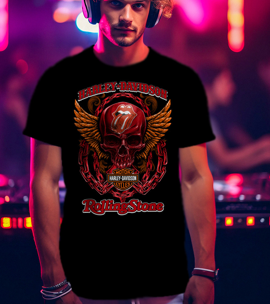Harley Davidson Motor Cycles Rolling Stone Skull Logo Chains And Flames T-Shirt