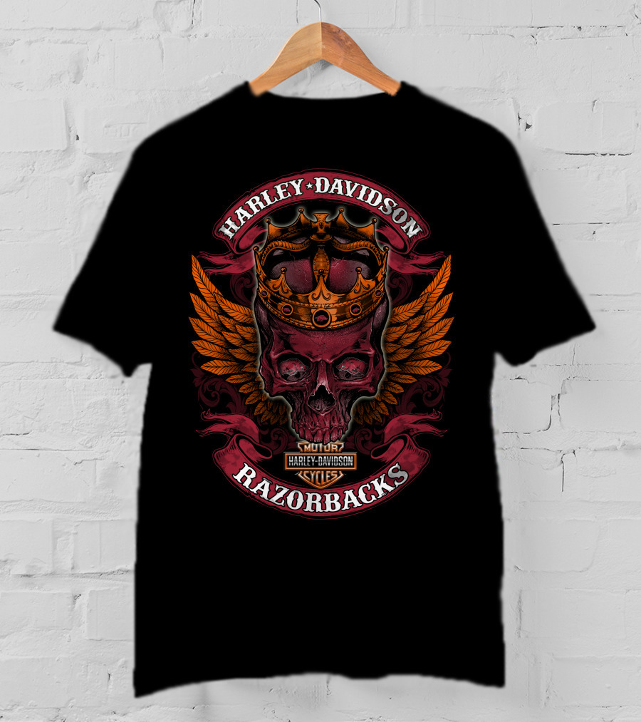 Harley Davidson Razorbacks Skull With Crown And Wings T-Shirt