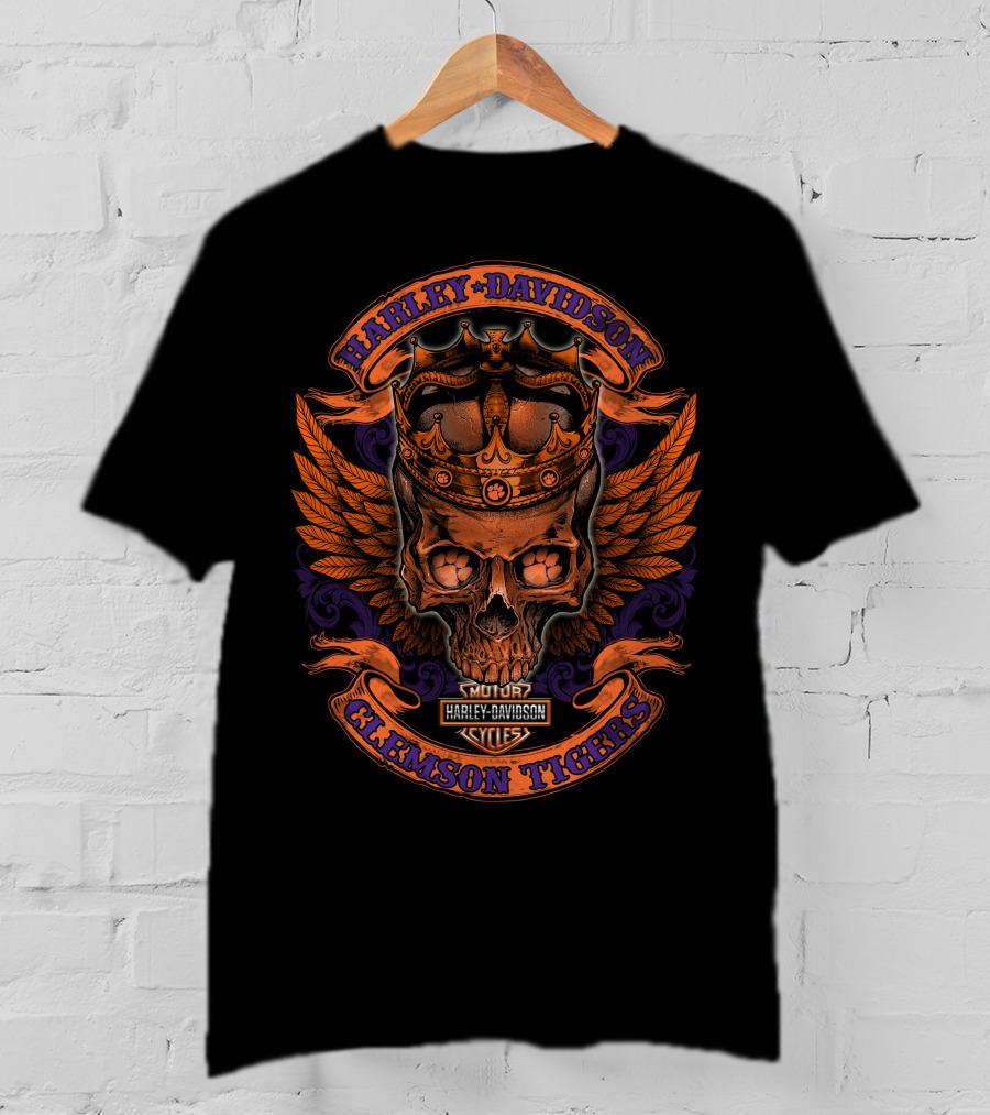Harley Davidson Motor Cycles Skull Crown Clemson Tigers T-Shirt