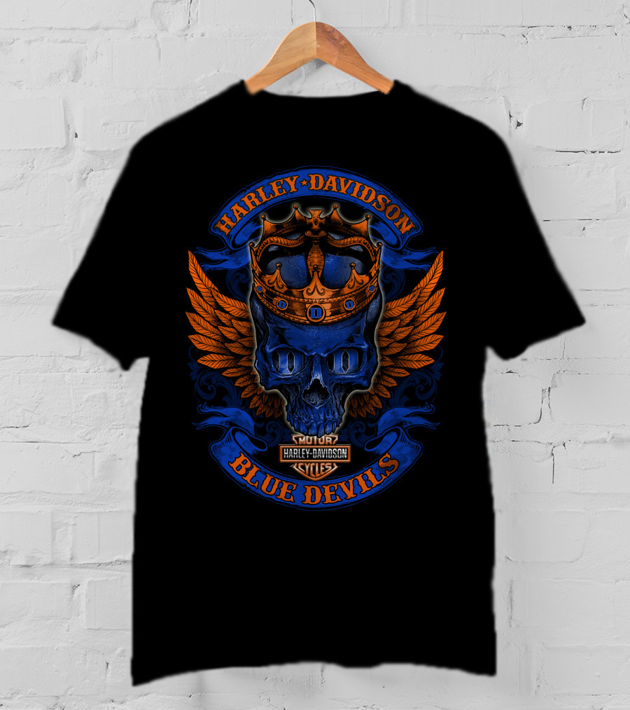 Harley Davidson Blue Devils Skull Crown Wings Motor Cycles T-Shirt