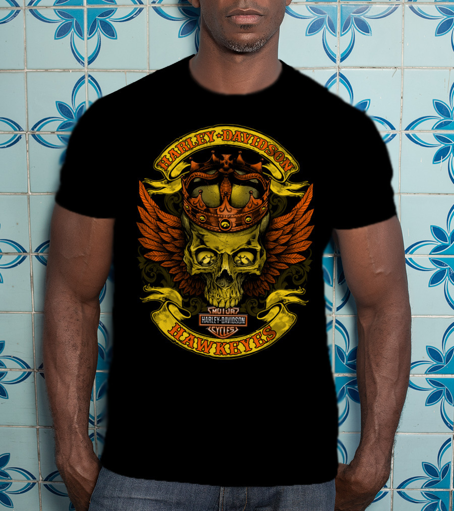 Harley Davidson Hawkeyes Skull Crown Wings T-Shirt