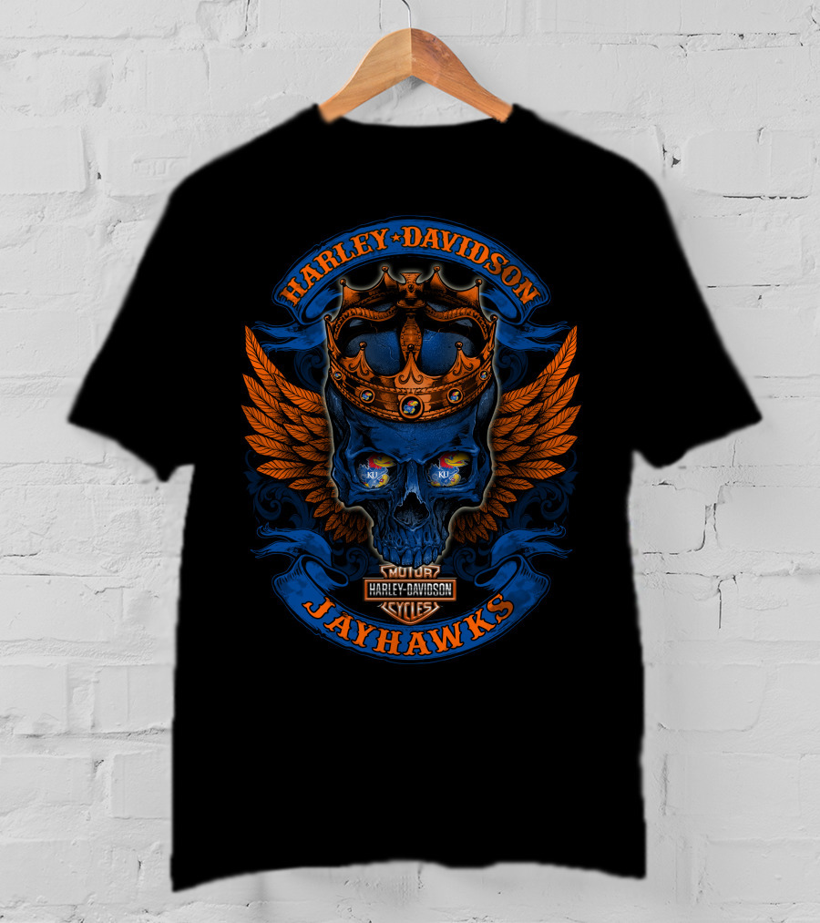 Harley Davidson Jayhawks Skull With Crown And Wings T-Shirt
