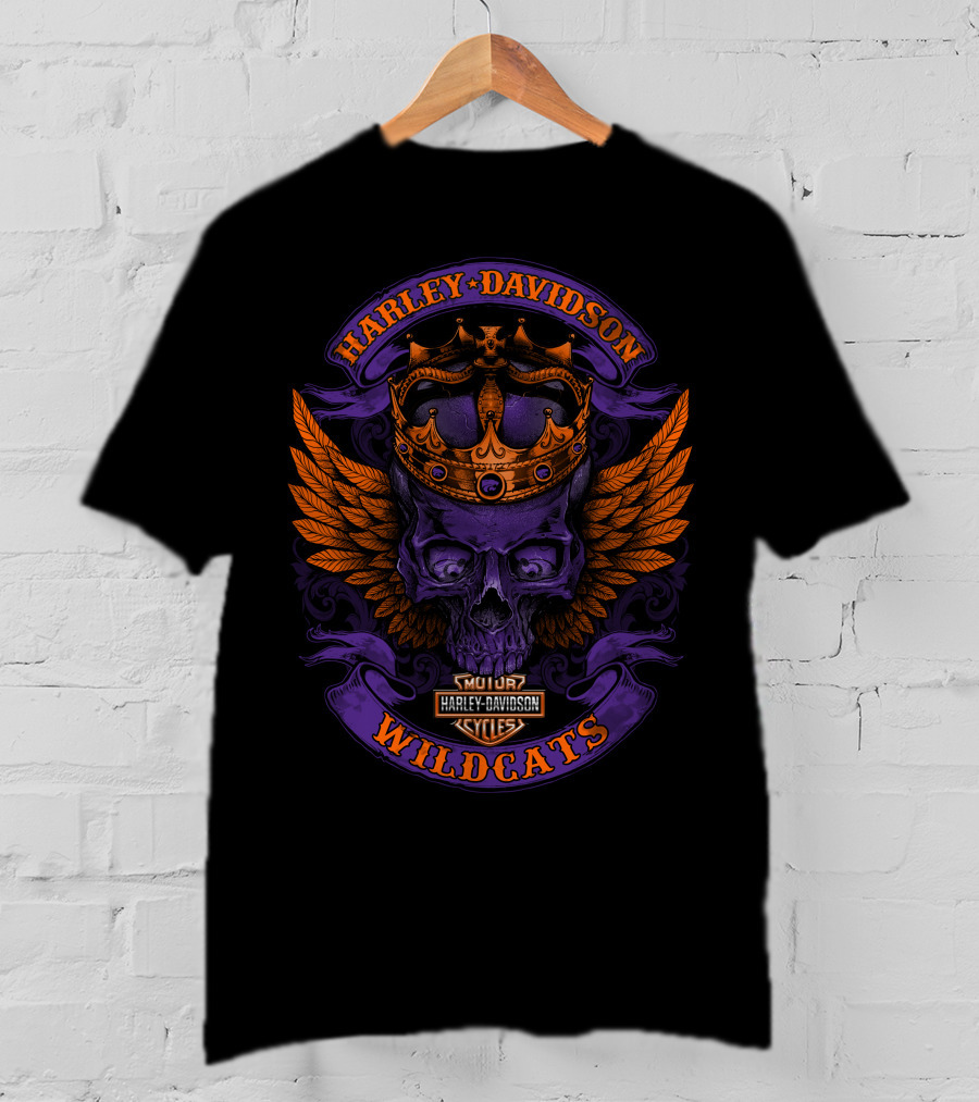 Harley Davidson Wildcats Skull With Crown And Wings T-Shirt