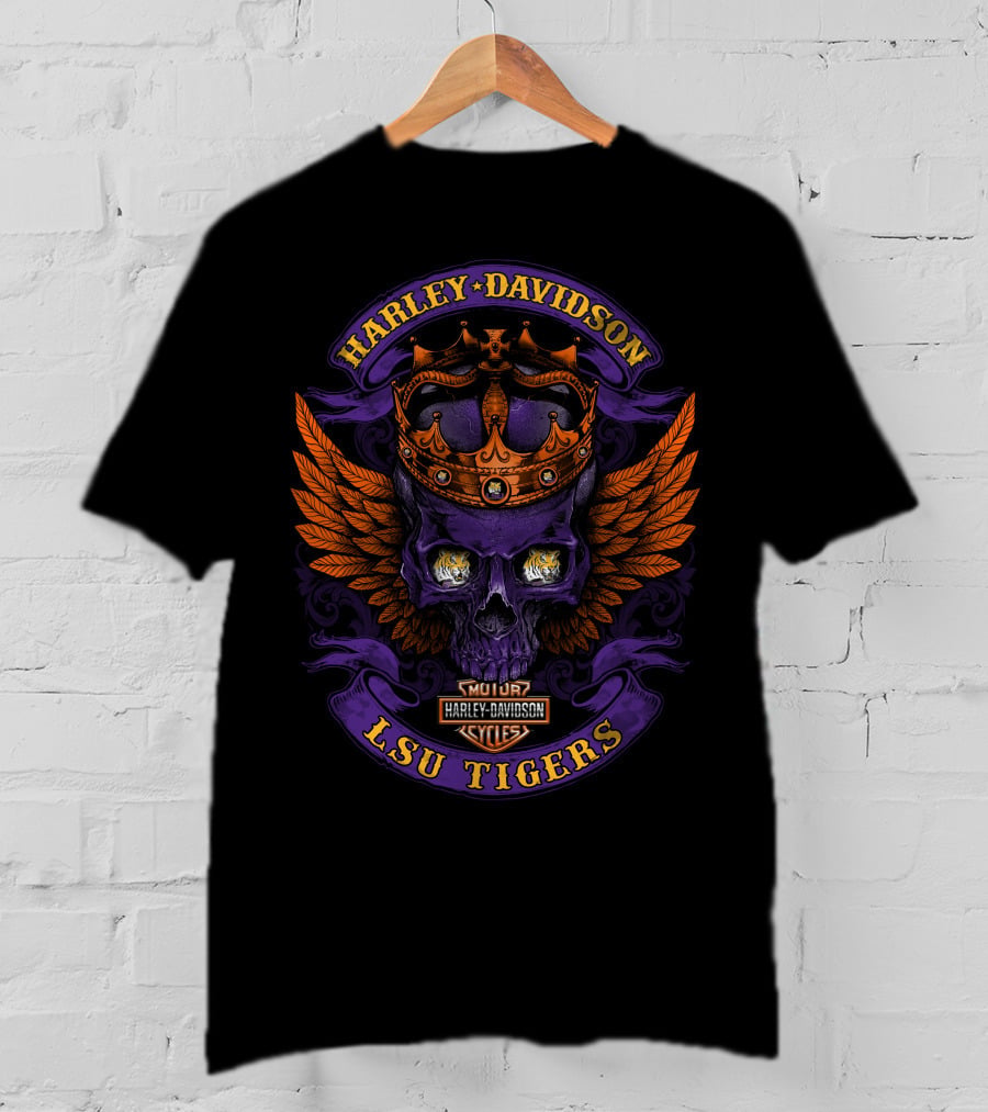 Harley Davidson Lsu Tigers Skull Crown Wings T-Shirt