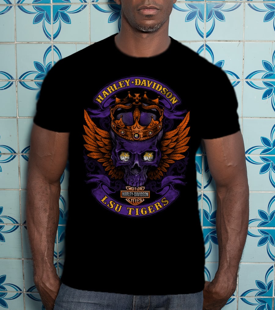 Harley Davidson Lsu Tigers Skull Crown Wings T-Shirt