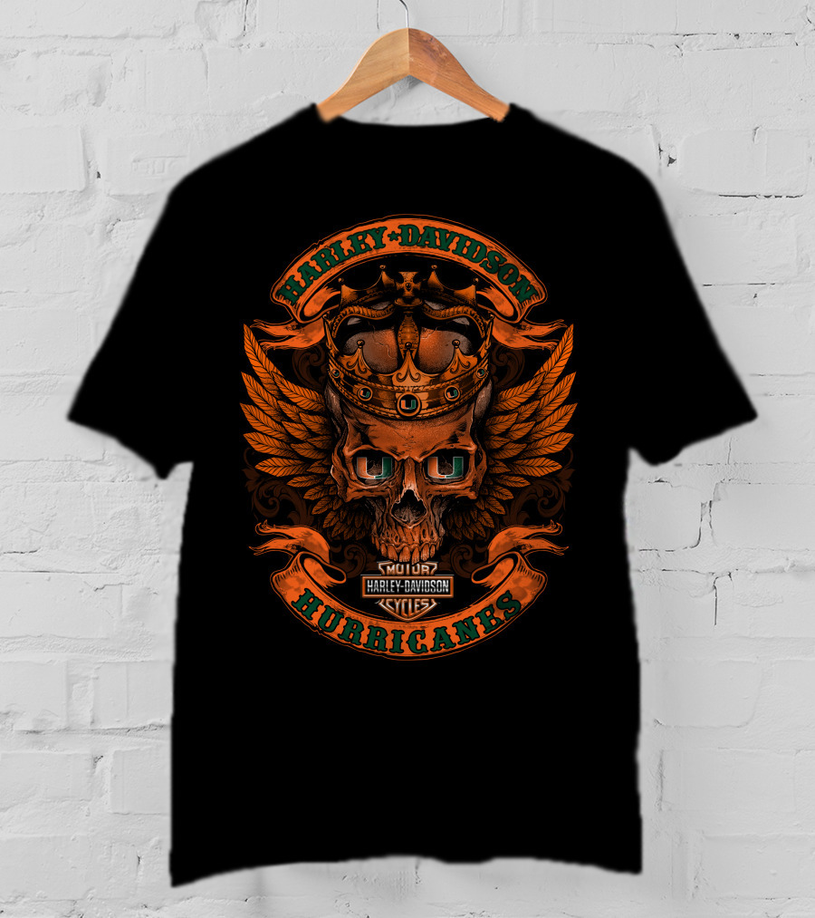 Harley Davidson Hurricanes King Skull Orange Wings Crown Motor Cycles T-Shirt
