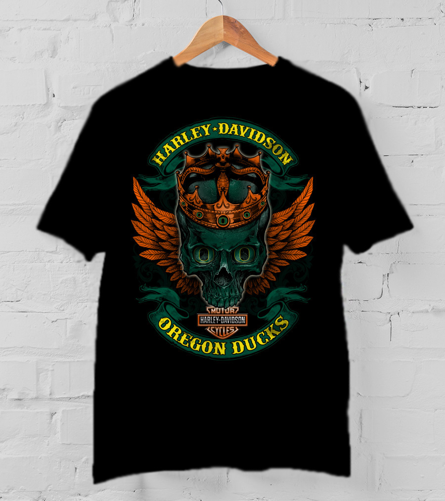 Harley Davidson Oregon Ducks Skull With Crown And Wings T-Shirt