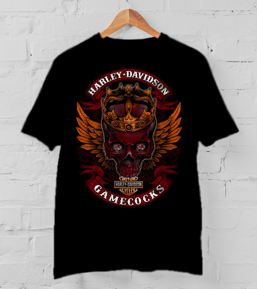 Harley Davidson Motor Cycles Skull Crown Wings Gamecocks T-Shirt