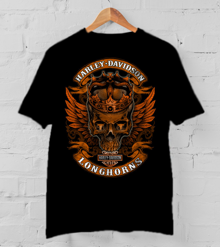 Harley Davidson Longhorns Skull Crown Wings T-Shirt