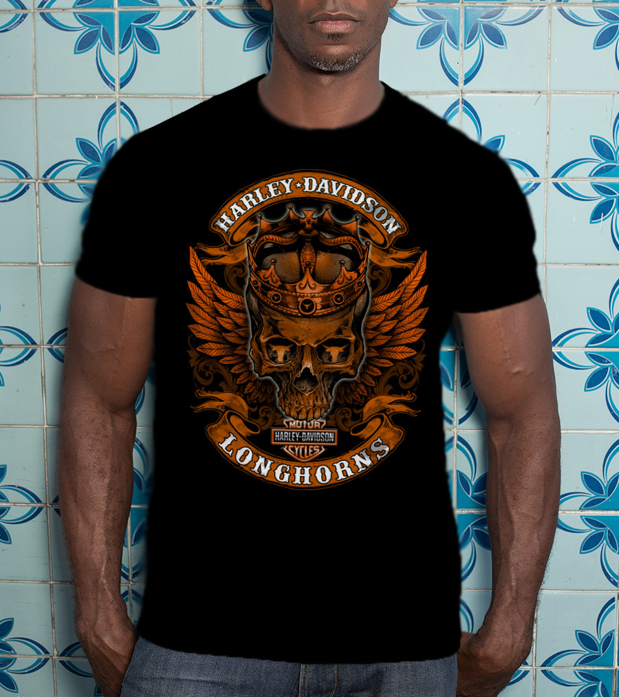 Harley Davidson Longhorns Skull Crown Wings T-Shirt