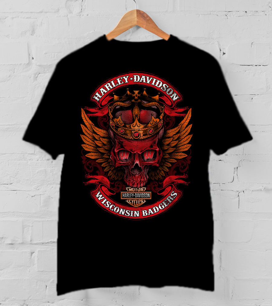 Harley Davidson Crowned Skull Wisconsin Badgers Mqt Cycles T-Shirt