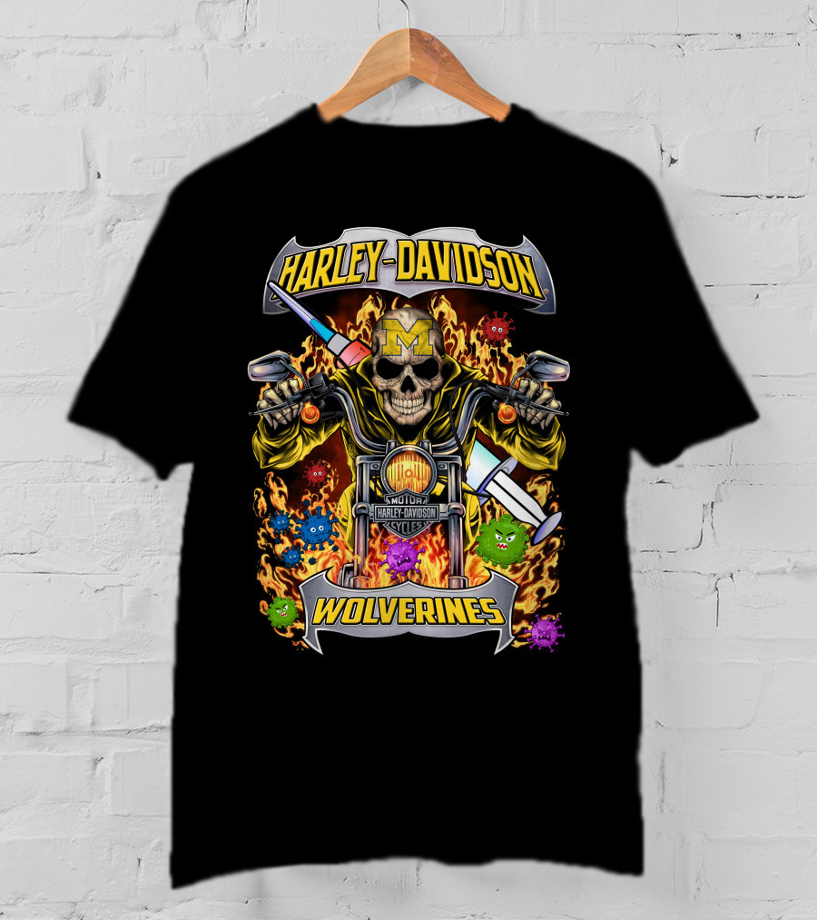 Harley Davidson Michigan Wolverines Skull Motorcycles T-Shirt