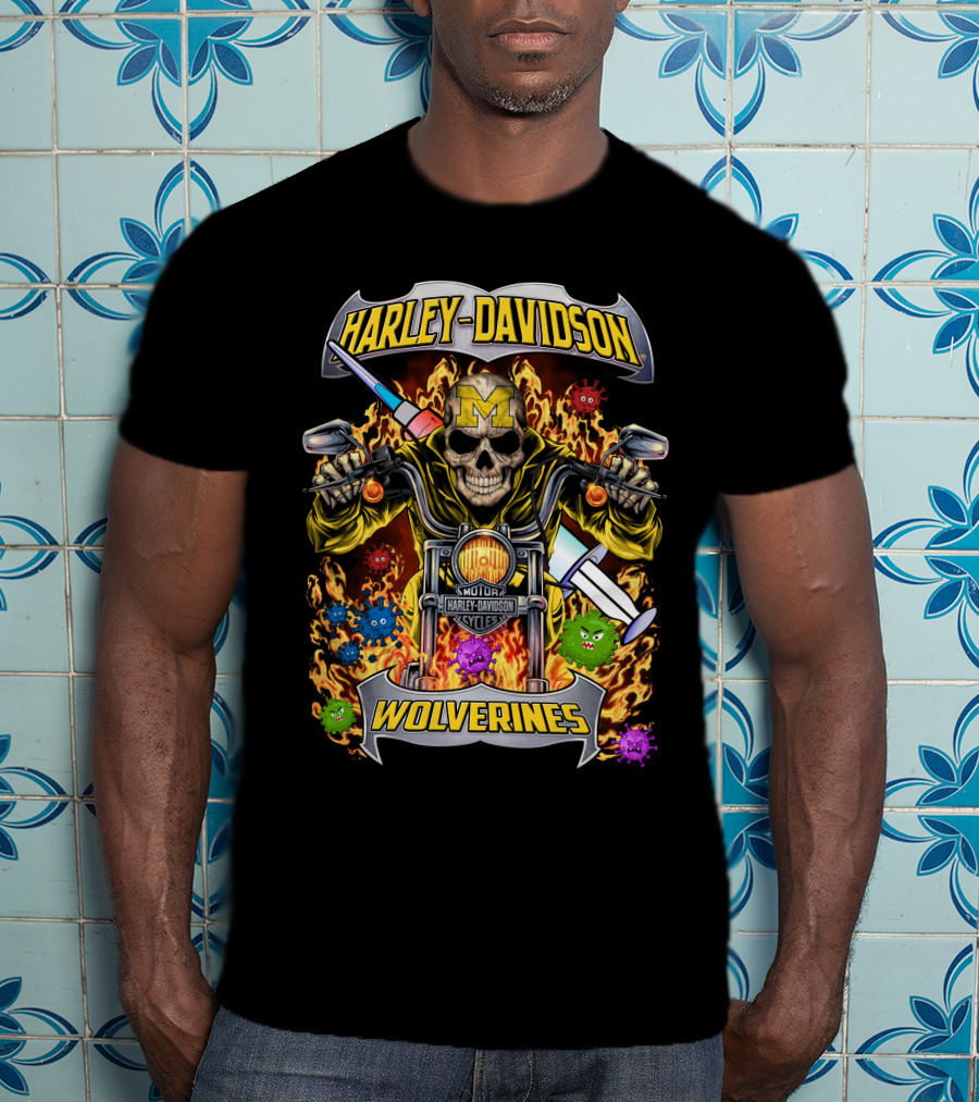 Harley Davidson Michigan Wolverines Skull Motorcycles T-Shirt