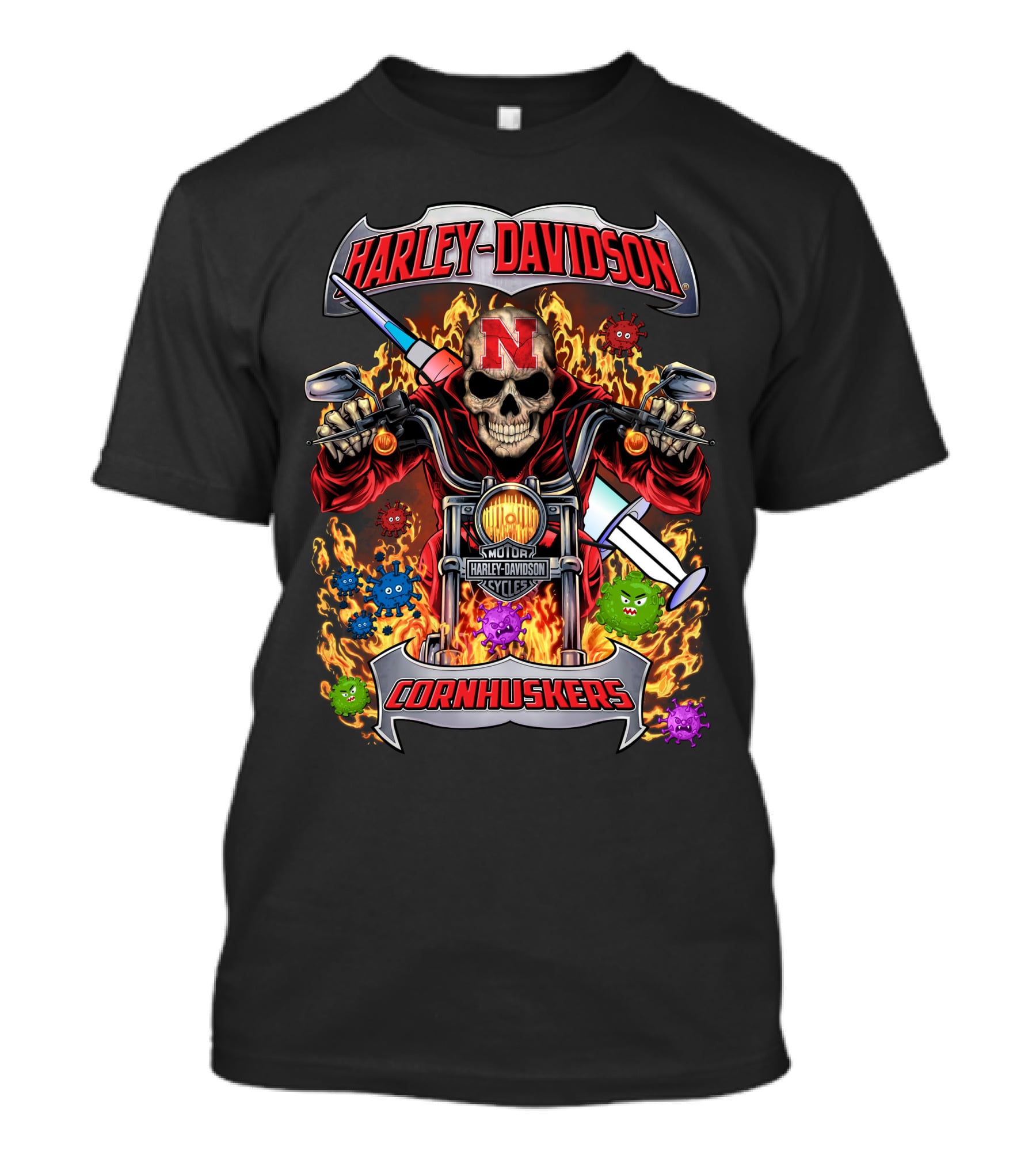 Harley Davidson Nebraska Cornhuskers Skulls Flames Motorcycles T-Shirt