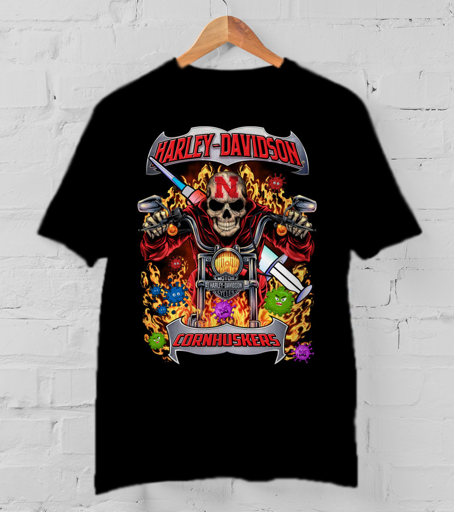 Harley Davidson Nebraska Cornhuskers Skulls Flames Motorcycles T-Shirt