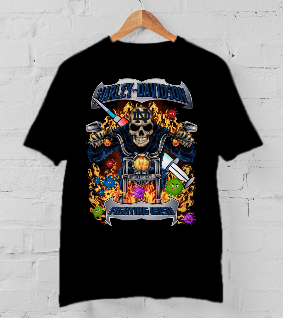 Harley Davidson Notre Dame Fighting Irish Skull Motorcycle Flames Viruses T-Shirt