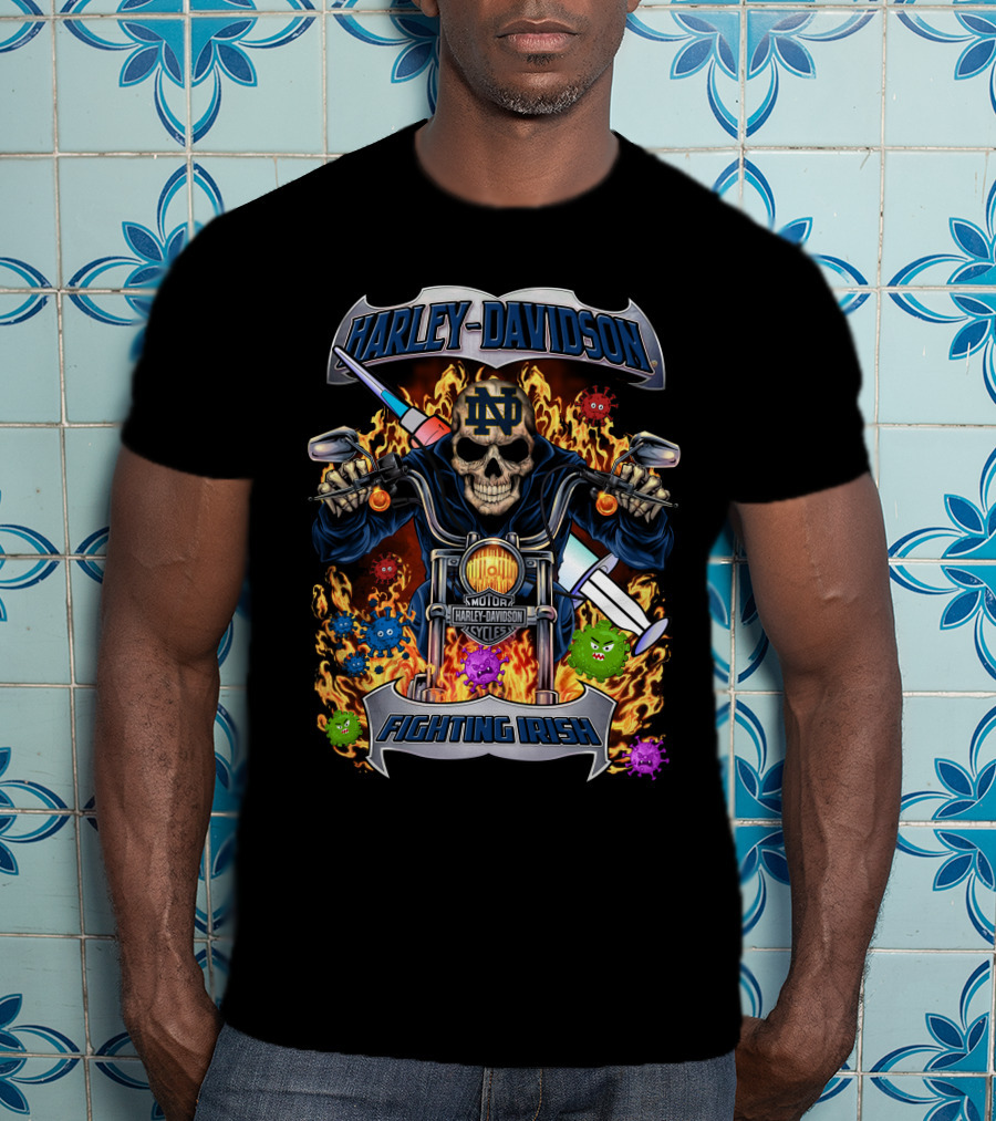 Harley Davidson Notre Dame Fighting Irish Skull Motorcycle Flames Viruses T-Shirt