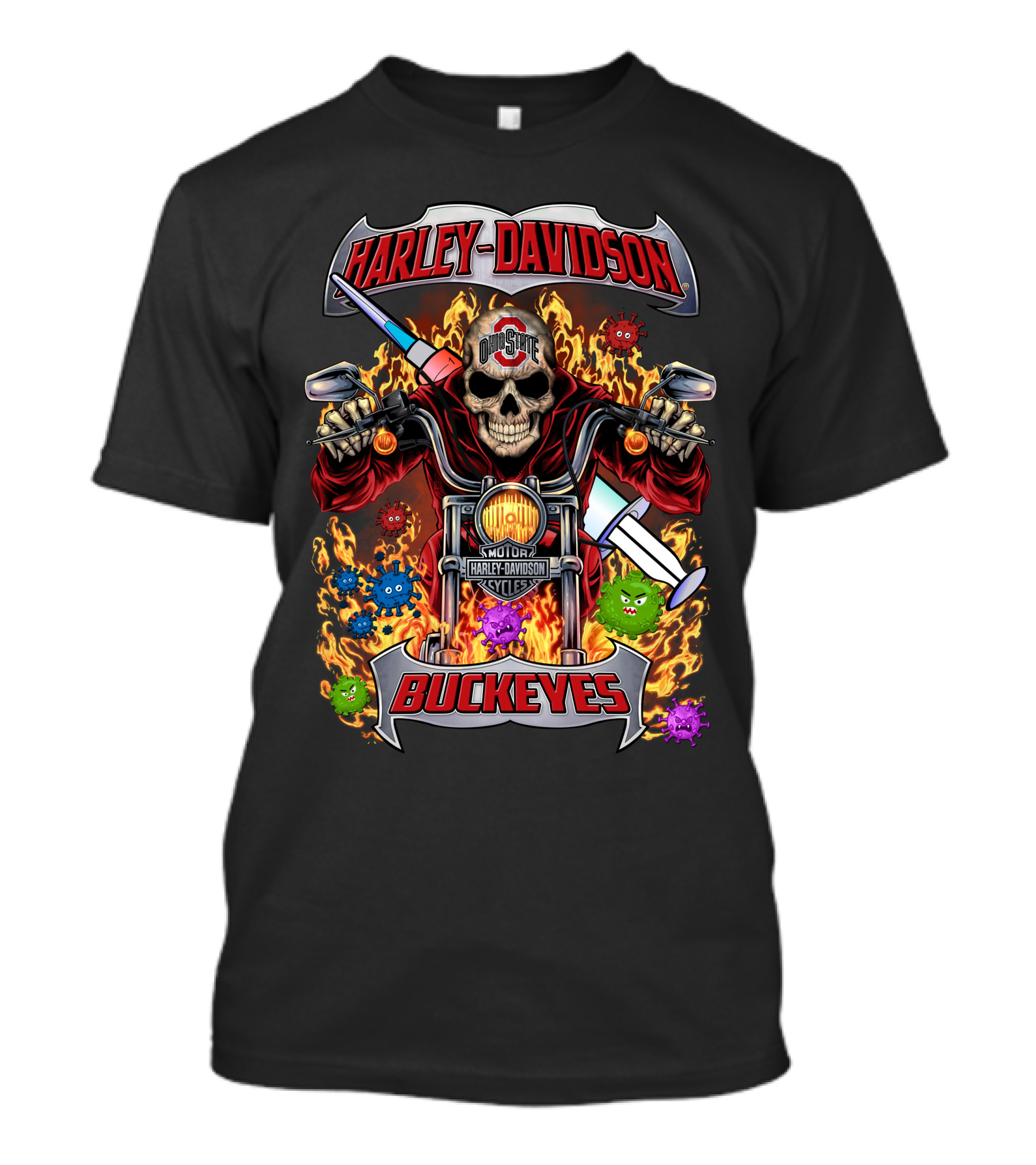 Harley Davidson Ohio State Buckeyes Skeleton Flames Motorcycles T-Shirt