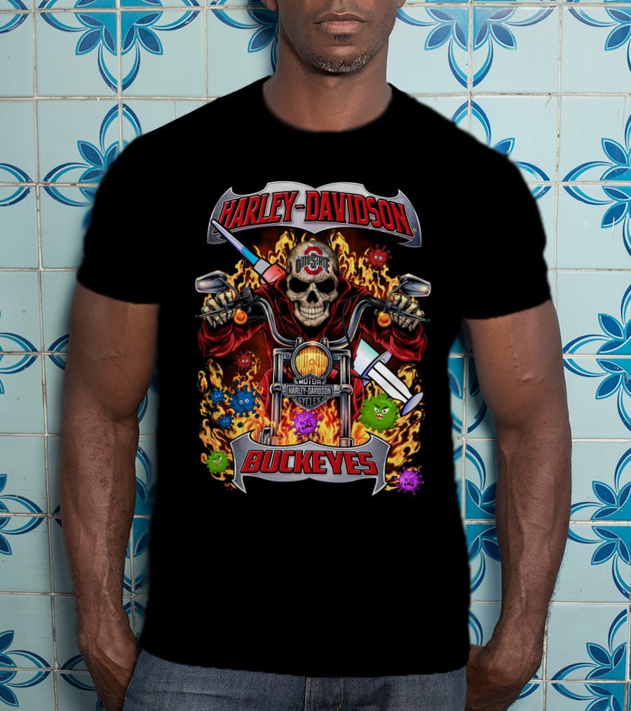Harley Davidson Ohio State Buckeyes Skeleton Flames Motorcycles T-Shirt