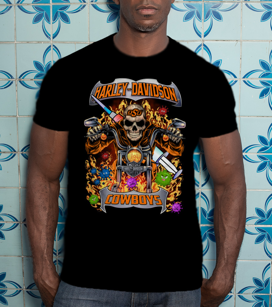 Harley Davidson Motorcycles Osu Cowboys Skull Flame T-Shirt